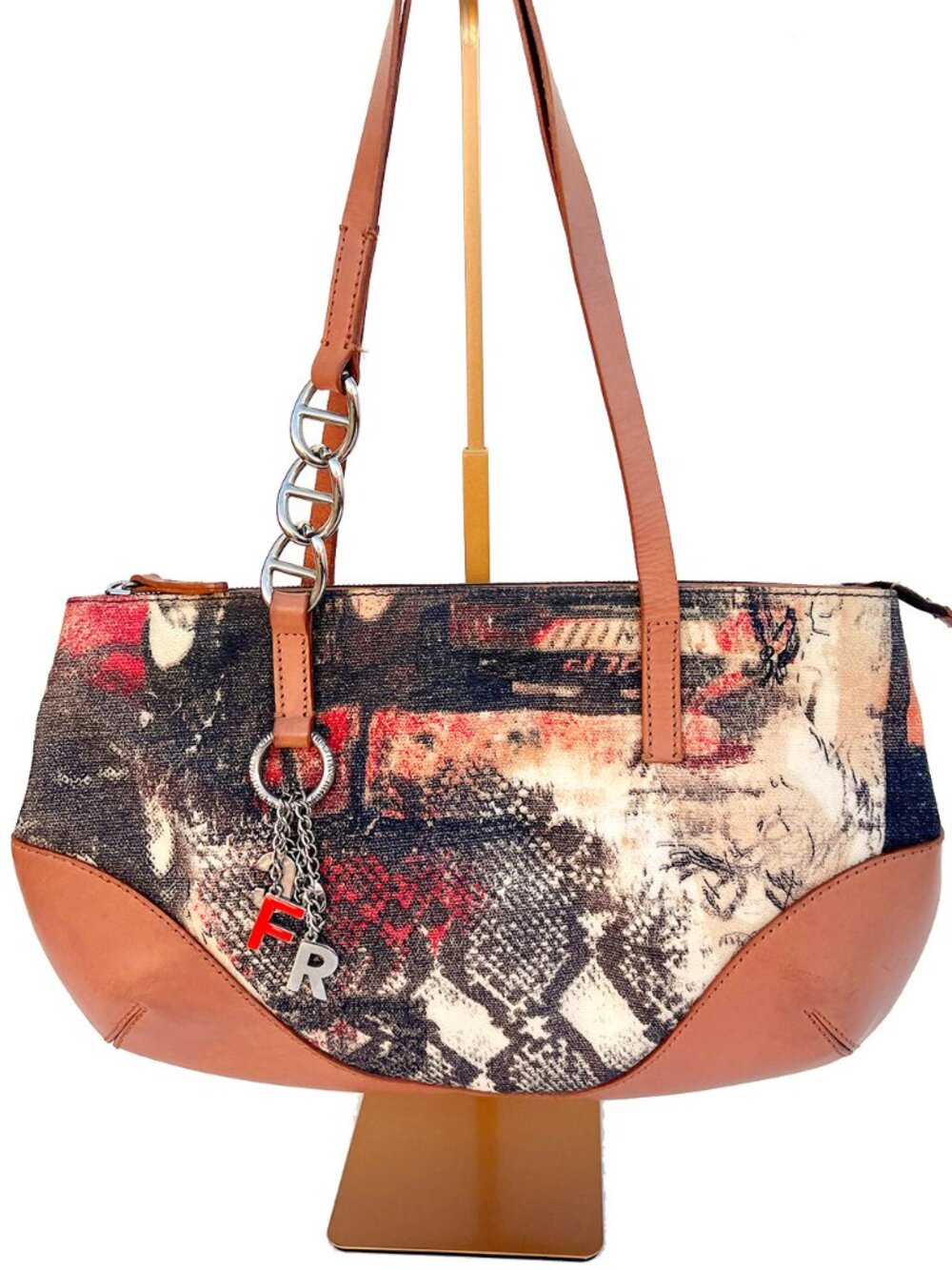 Roberto Cavalli Freedom Y2K Tote Bag Abstract Print Canvas Leather RCF Charm